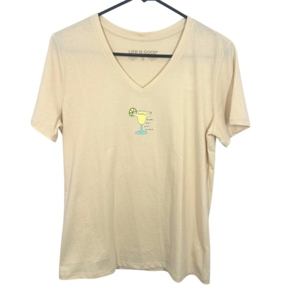 Life Is Good Womens Small Beige Margarita‎ Graphic V Neck T Shirt NWT Casual